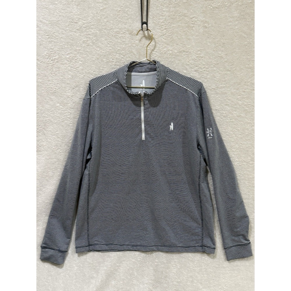 Johnnie-O Sweater Men L Marlin Blue Gray Striped 1/4 Zip Mock Neck Pullover Logo